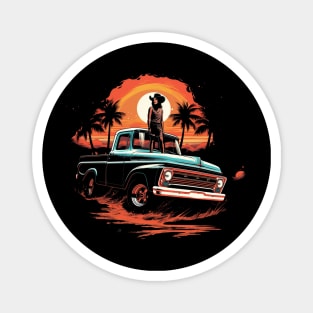 Coastal Cowgirl on Truck Retro Sunset Illustration Magnet